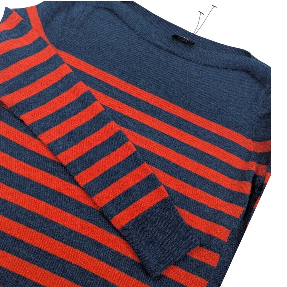 Talbots Pure Merino Wool Striped Boat Neck Sweater Navy Orange Womens Small
